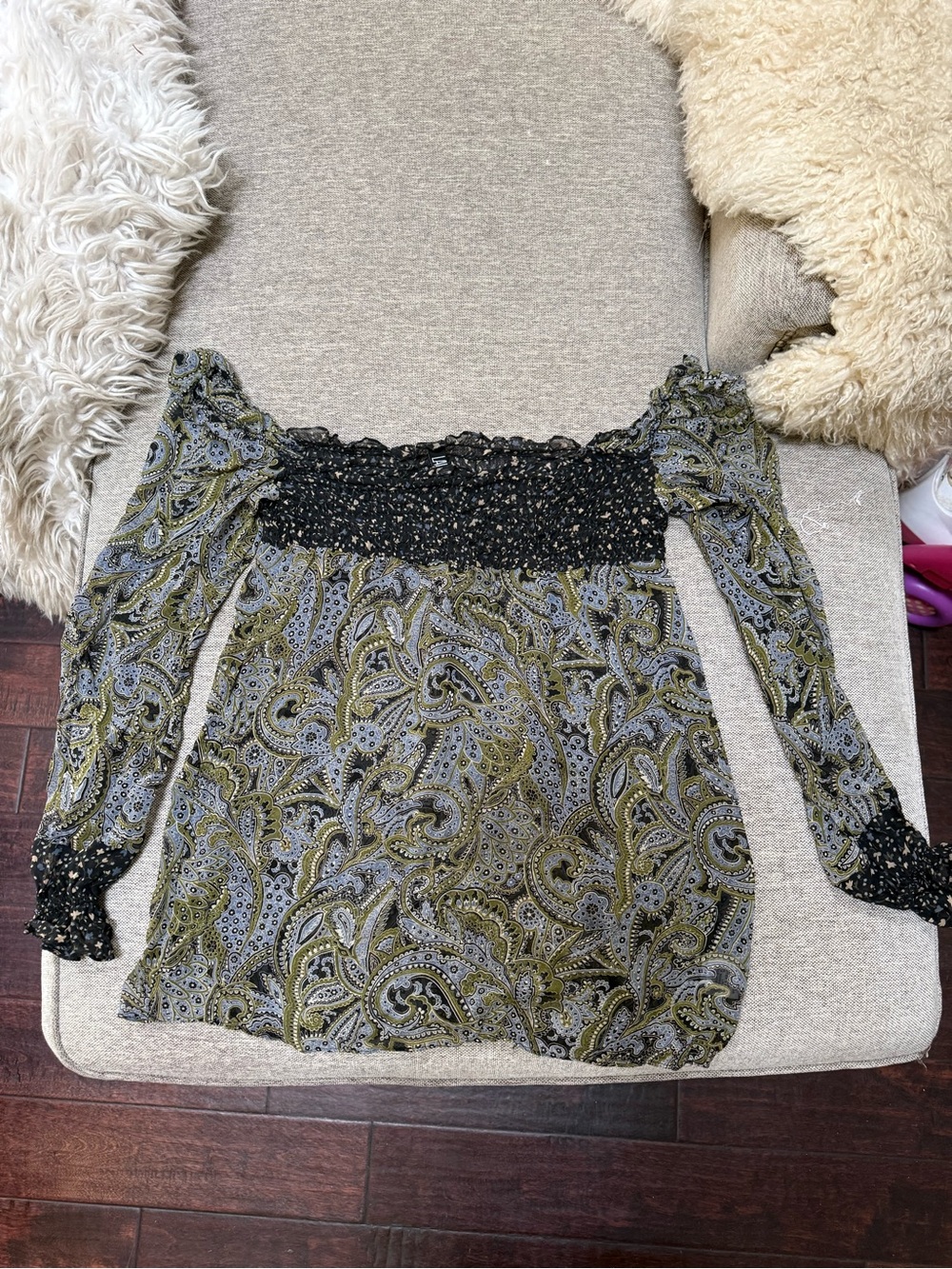 Off-Shoulder Paisley Long-Sleeve Women's Top in Olive Green